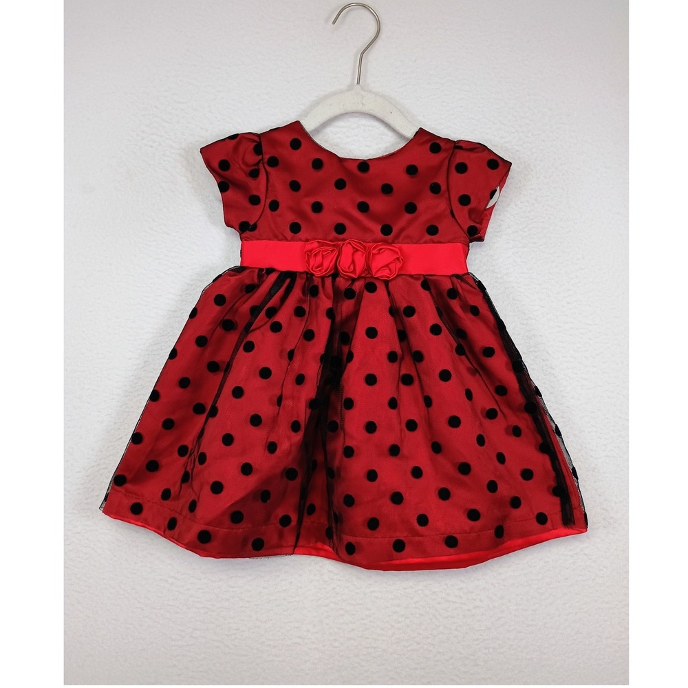 Holiday Festive Penelope Mack Baby Girl 12M Red Black Polka Dot Rosette Dress